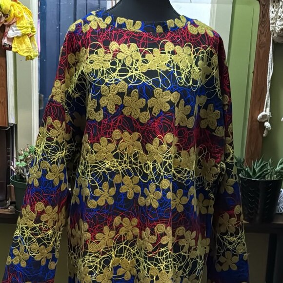 Zara Neon Blue Red Yellow Floral Embroidered Scribbles Tunic Dress Size M-L NWT - Picture 1 of 6